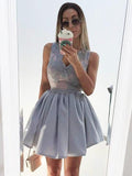 A-Line/Princess V-neck Satin Sleeveless Short/Mini Dresses with Applique
