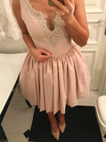 A-Line/Princess V-neck Satin Sleeveless Short/Mini Prom Dresses with Beading