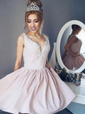 A-Line/Princess V-neck Satin Sleeveless Short/Mini Prom Dresses with Beading