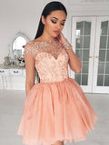 A-Line/Princess Bateau Chiffon Long Sleeves Short/Mini Dresses with Applique