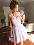 A-Line/Princess V-neck Tulle Sleeveless Short/Mini Homecoming Dresses with Lace