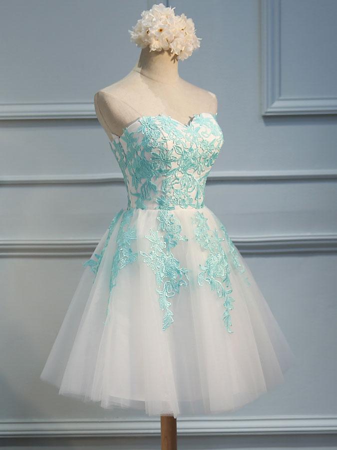 A-Line/Princess Sweetheart Tulle Sleeveless Short/Mini Dresses with Applique Lace