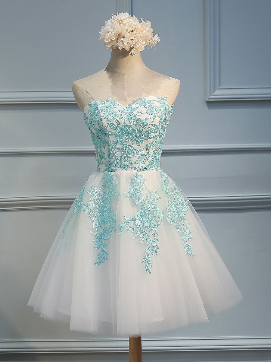 A-Line/Princess Sweetheart Tulle Sleeveless Short/Mini Dresses with Ap Dessiny A-Line/Princess Sweetheart Tulle Sleeveless Short/Mini Dresses with Ap Dessiny