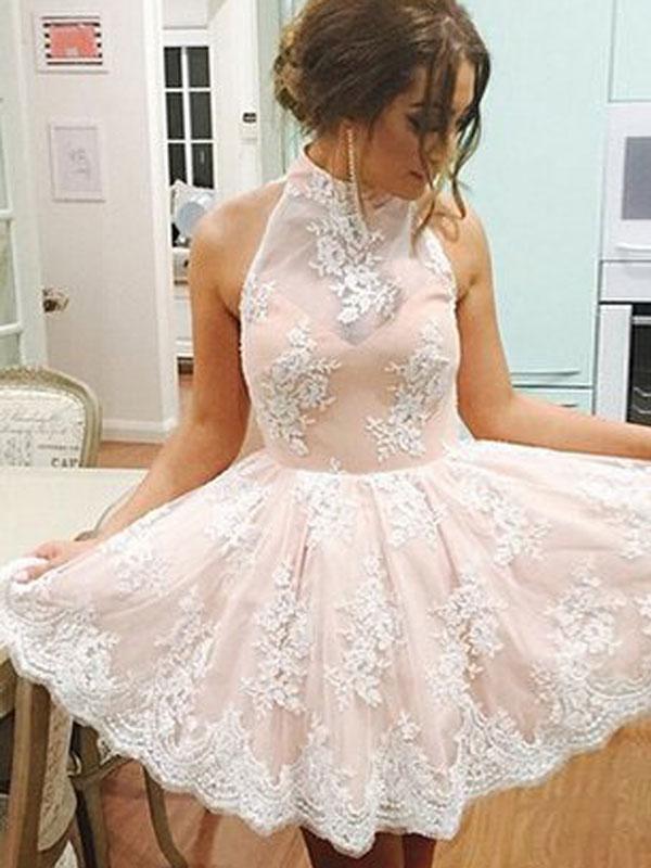A-Line/Princess Halter Lace Sleeveless Short/Mini Homecoming Dresses w Dessiny A-Line/Princess Halter Lace Sleeveless Short/Mini Homecoming Dresses w Dessiny