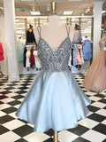 A-Line/Princess Spaghetti Straps Satin Sleeveless Short/Mini Backless Dresses with Rhinestone