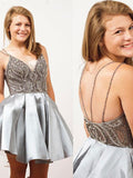 A-Line/Princess Spaghetti Straps Satin Sleeveless Short/Mini Backless Dresses with Rhinestone
