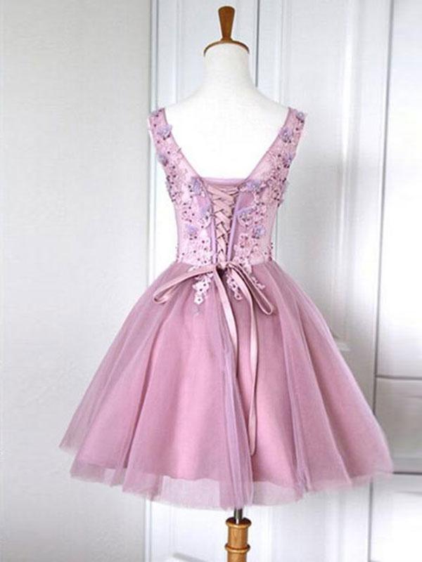 A-Line/Princess V-neck Tulle Sleeveless Short/Mini Dresses with Applique Lace