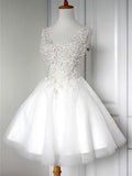 A-Line/Princess V-neck Tulle Sleeveless Short/Mini Dresses with Applique Lace