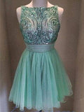 A-Line/Princess Bateau Tulle Sleeveless Short/Mini Prom Dresses with Beading