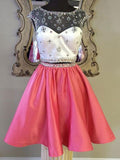 A-Line/Princess Bateau Satin Short Sleeves Knee Length Two Piece Dresses with Beading