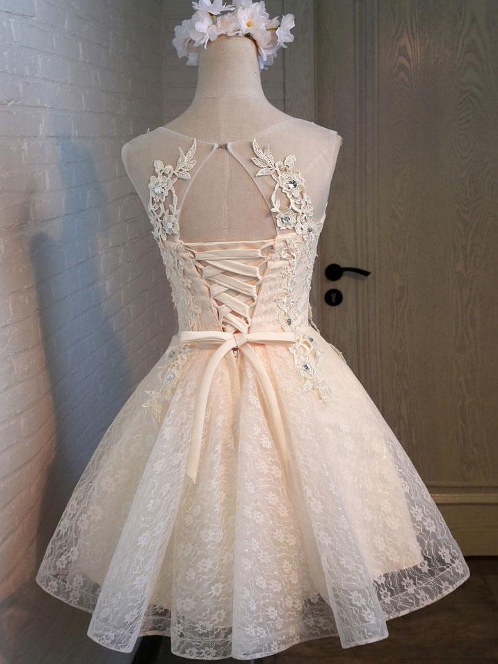 Ball Gown Scoop Lace Sleeveless Knee Length Prom Homecoming Dresses with Lace