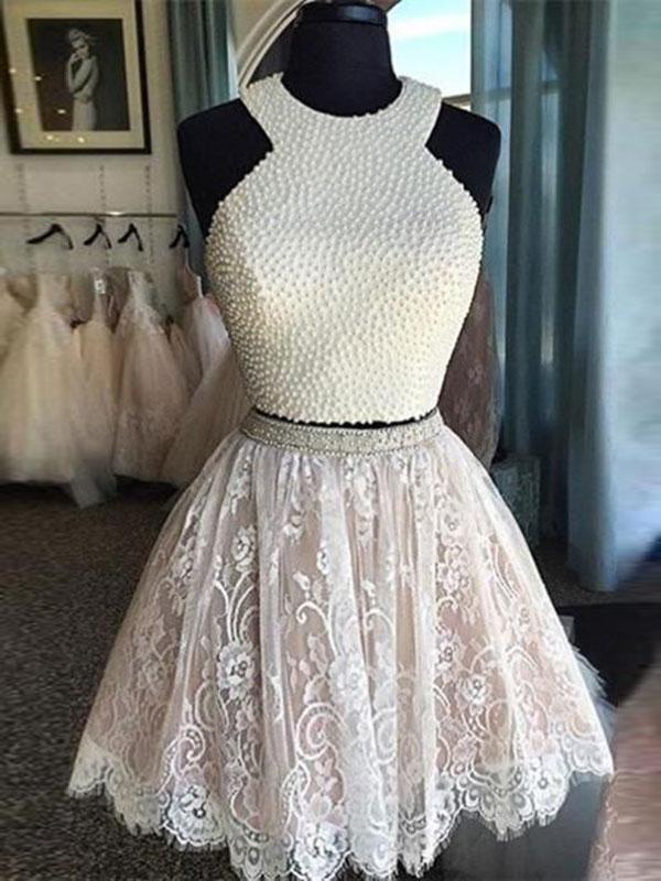 A-Line/Princess Jewel Lace Sleeveless Short/Mini Prom Dresses with Pearls
