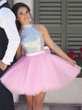 Ball Gown High Neck Tulle Sleeveless Short/Mini Dresses with Bowknot Sequins