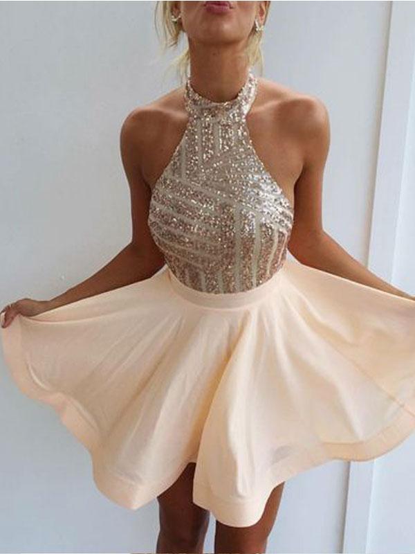 A-Line/Princess Halter Chiffon Sleeveless Short/Mini Prom Dresses with Sequin