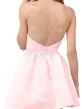 A-Line/Princess Halter Satin Sleeveless Short/Mini Backless Dresses with Beading Lace