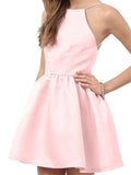 A-Line/Princess Halter Satin Sleeveless Short/Mini Backless Dresses with Beading Lace