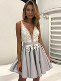 A-Line/Princess V-neck Tulle Sleeveless Short/Mini Prom Dresses with Applique