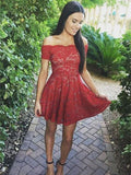 A-Line/Princess Off-the-Shoulder Lace Short Sleeves Short/Mini Dresses with Lace