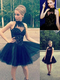 A-Line/Princess High Neck Tulle Sleeveless Short/Mini Prom Dresses with Beading