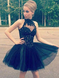 A-Line/Princess High Neck Tulle Sleeveless Short/Mini Prom Dresses with Beading