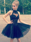 A-Line/Princess High Neck Tulle Sleeveless Short/Mini Prom Dresses with Beading