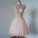 A-Line/Princess High Neck Tulle Sleeveless Short/Mini 2 Piece Prom Dresses with Beading