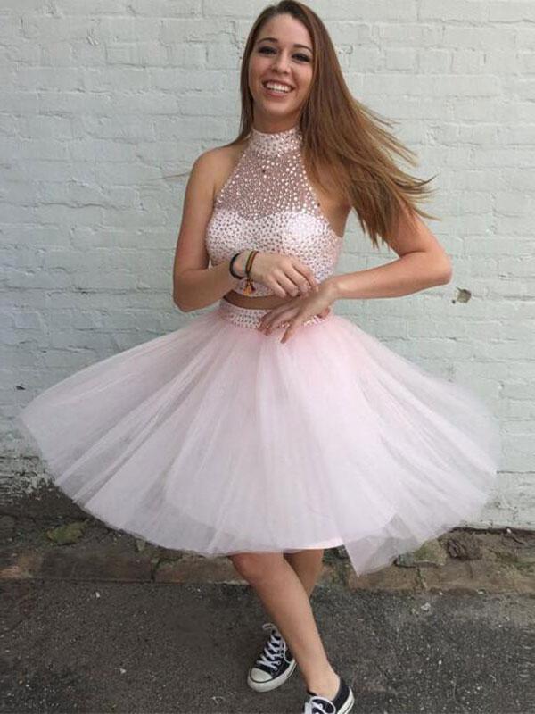 A-Line/Princess High Neck Tulle Sleeveless Short/Mini 2 Piece Prom Dresses with Beading