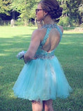 A-Line/Princess Halter Tulle Sleeveless Short/Mini Prom Dresses with Beading