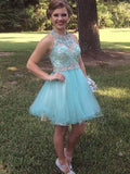 A-Line/Princess Halter Tulle Sleeveless Short/Mini Prom Dresses with Beading