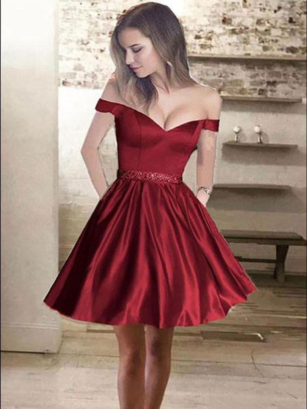 A-Line/Princess Off-the-Shoulder Satin Sleeveless Short/Mini Dresses with Beading