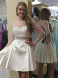 A-Line/Princess Bateau Satin Long Sleeves Short/Mini Dresses with Beading Lace