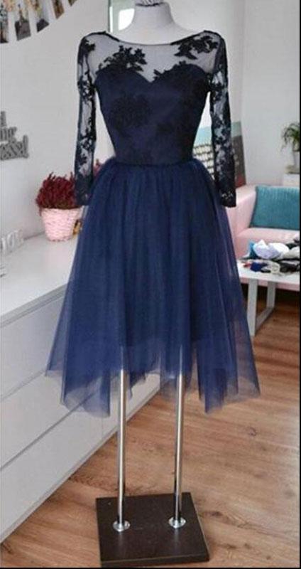 A-Line/Princess Scoop Tulle Long Sleeves Asymmetrical Prom Dresses with Lace