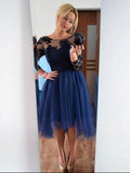A-Line/Princess Scoop Tulle Long Sleeves Asymmetrical Prom Dresses with Lace