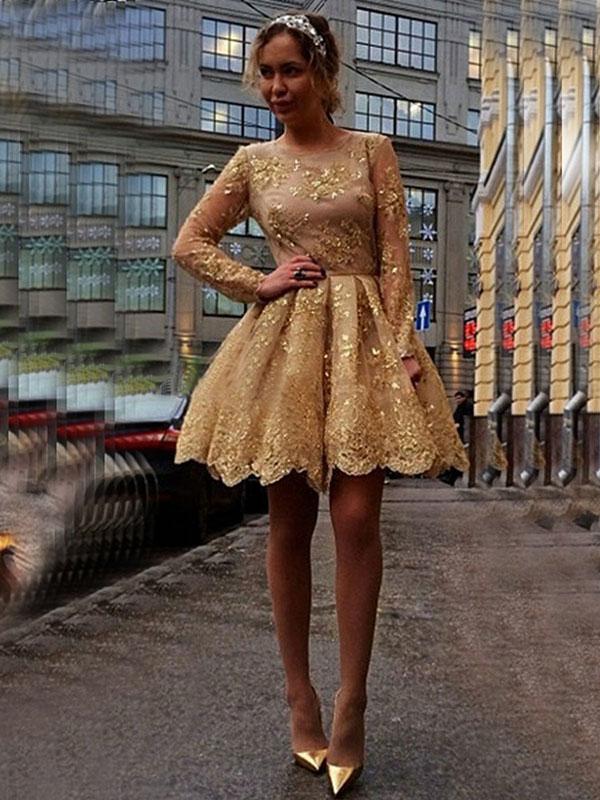 Ball Gown Jewel Long Sleeves Short/Mini Prom Homecoming Dresses with Applique