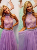 A-Line/Princess High Neck Tulle Sleeveless Short/Mini Two Piece Dresses with Applique Lace