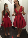 A-Line/Princess V-neck Straps Satin Sleeveless Short/Mini Prom Dresses with Bowknot
