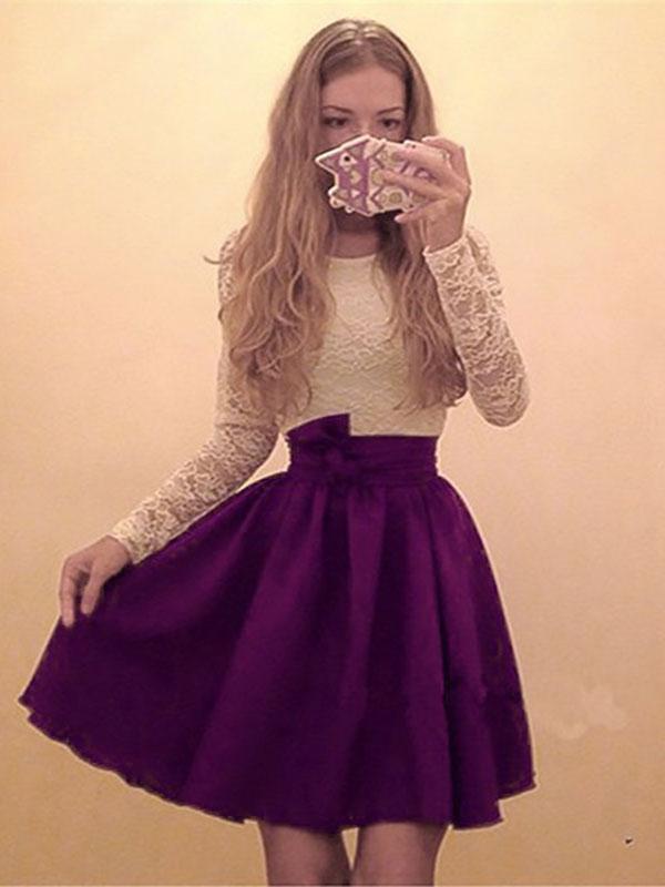 A-Line/Princess Scoop Chiffon Long Sleeves Short/Mini Homecoming Dresses with Lace