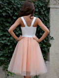 A-Line/Princess Spaghetti Straps Tulle Sleeveless Knee Length Dresses with Pleats