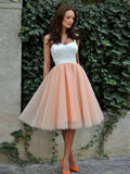 A-Line/Princess Spaghetti Straps Tulle Sleeveless Knee Length Dresses with Pleats