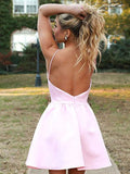 A-Line/Princess Spaghetti Straps Satin Sleeveless Short/Mini Backless Dresses with Ruched