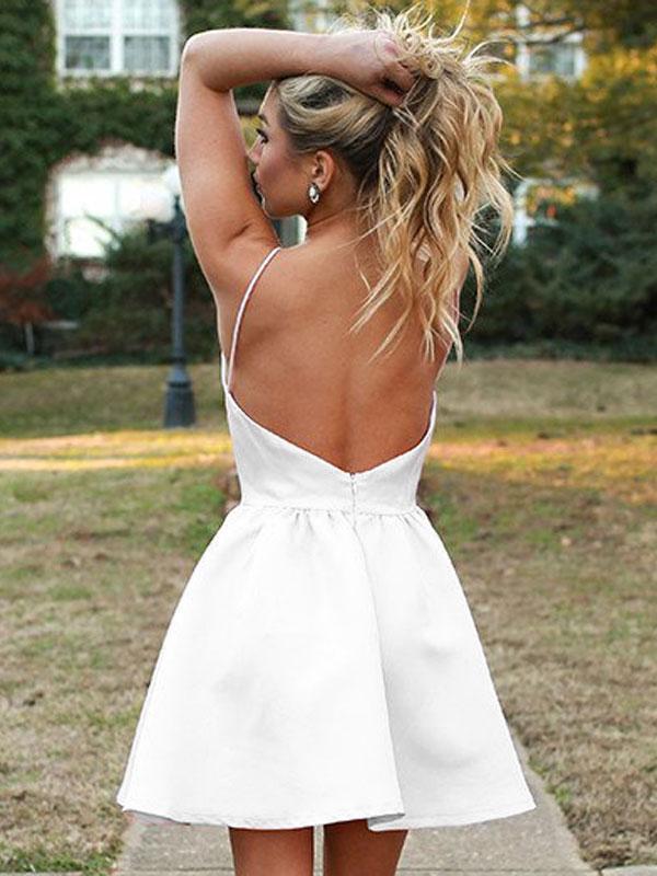 A-Line/Princess Spaghetti Straps Satin Sleeveless Short/Mini Backless Dresses with Ruched