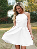 A-Line/Princess Spaghetti Straps Satin Sleeveless Short/Mini Backless Dresses with Ruched