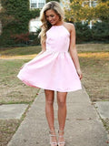 A-Line/Princess Spaghetti Straps Satin Sleeveless Short/Mini Backless Dresses with Ruched