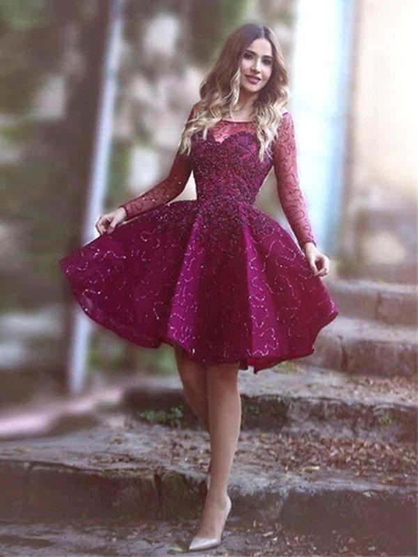 A-Line/Princess Scoop Satin Long Sleeves Short/Mini Prom Dresses with Paillette