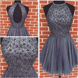 A-Line/Princess Scoop Tulle Sleeveless Short/Mini Prom Dresses with Beading