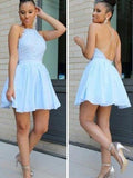 A-Line/Princess Halter Chiffon Sleeveless Short/Mini Backless Dresses with Lace