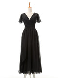 A-Line/Princess V-Neck Short Sleeves Chiffon Long Mother of the Bride Dresses with Ruched
