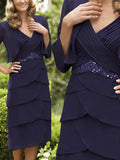 Sheath/Column V-Neck 3/4 Sleeves Chiffon Tea Length Mother of the Bride Dresses with Sequins Tiered