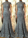 Sheath/Column High Neck Cap Sleeves Lace Sweep Train Mother of the Bride/Groom Dresses with Lace