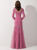Mermaid/Trumpet V-Neck 3/4 Sleeves Tulle Long Mother of the Bride Dresses with Applique Beading